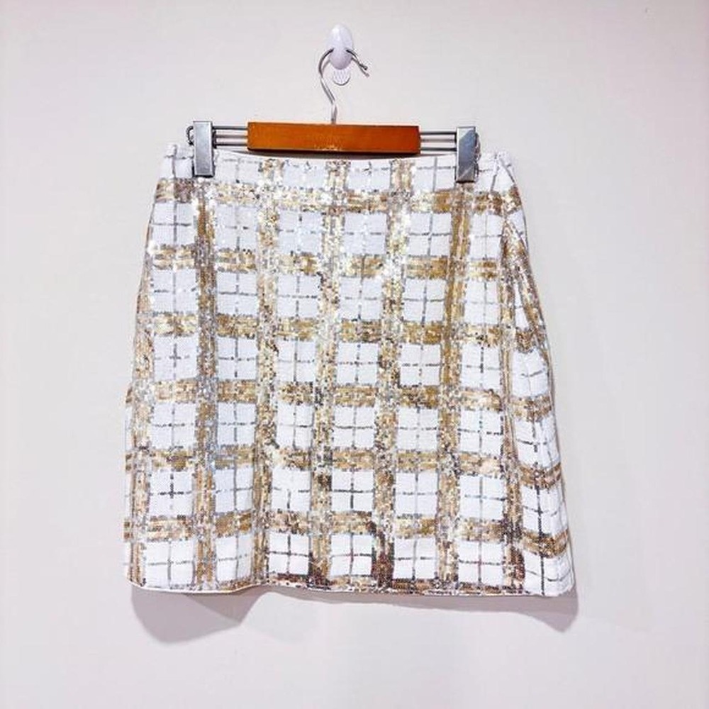 ANONYME DESIGNERS Stella‎ Cecile White Gold Plaid Sequin Mini Skirt Size 6